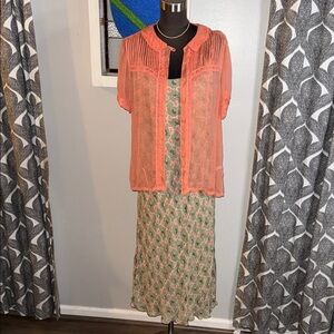 April Cornell 2 Piece Set Sheer Pin Tucked Blouse & Floral Maxi Dress